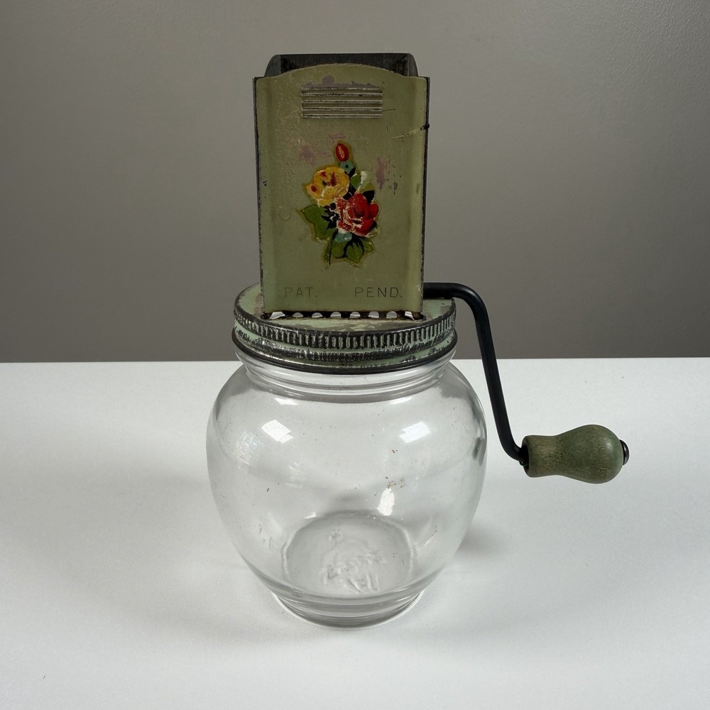 Vintage Hazel Atlas Glass Nut Spice Grinder Hand Crank Floral Kitchen
